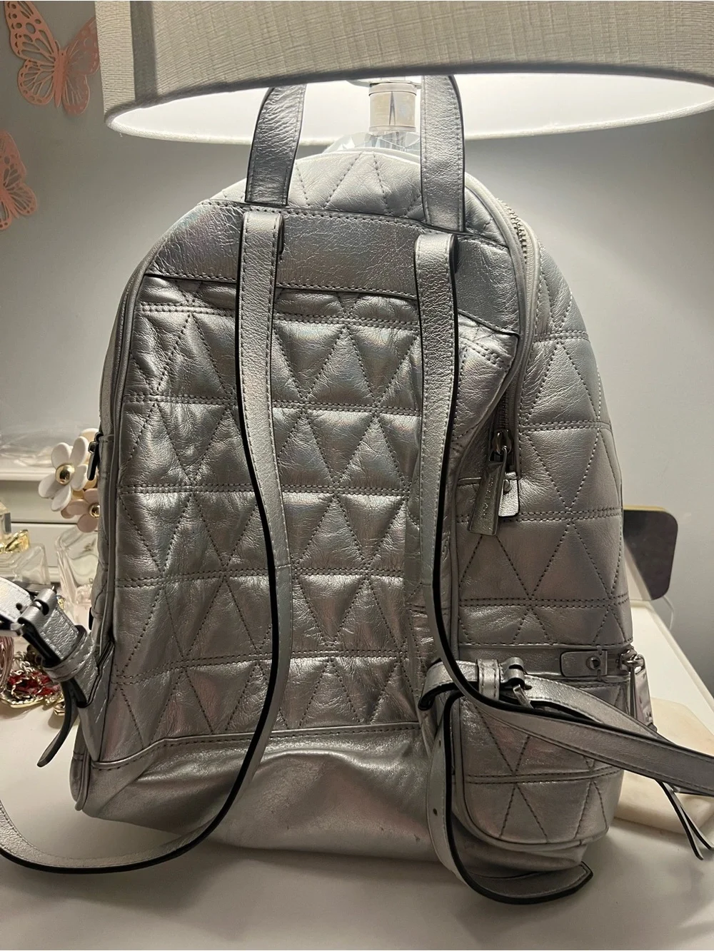 Michael Kors Metallic Silver Quilted Backpack